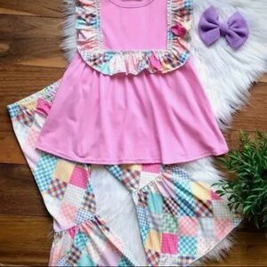 NWT Wellie Kate Pink Patchwork Bell Pant Set - Size 10-12T